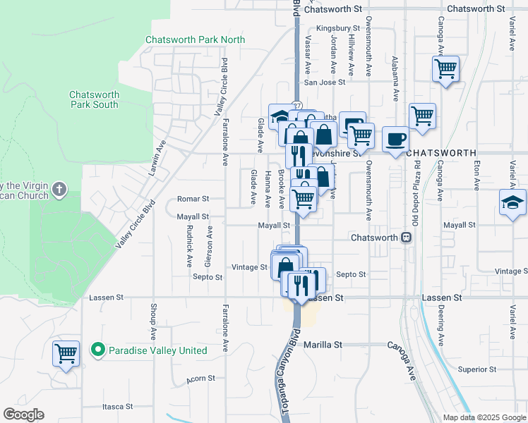 map of restaurants, bars, coffee shops, grocery stores, and more near 10111 Hanna Avenue in Los Angeles