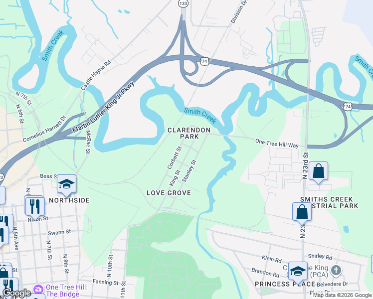 map of restaurants, bars, coffee shops, grocery stores, and more near 1515 Stanley Street in Wilmington