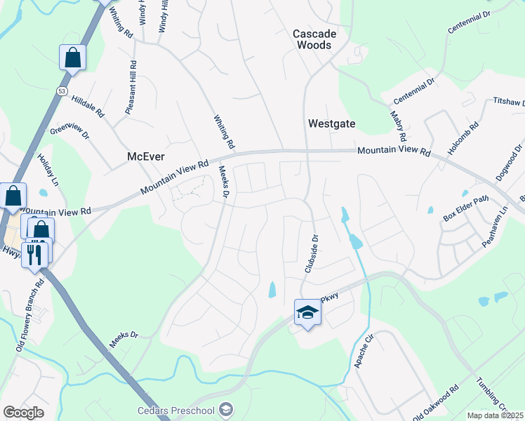 map of restaurants, bars, coffee shops, grocery stores, and more near 4471 Clubside Drive in Gainesville