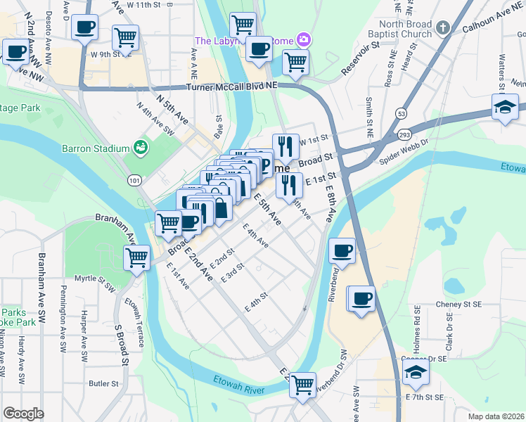 map of restaurants, bars, coffee shops, grocery stores, and more near 406 East 1st Street in Rome