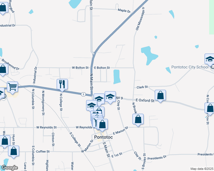 map of restaurants, bars, coffee shops, grocery stores, and more near 125 Warren Street in Pontotoc