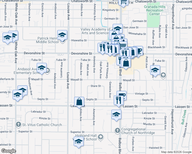 map of restaurants, bars, coffee shops, grocery stores, and more near 10110 Amestoy Avenue in Los Angeles