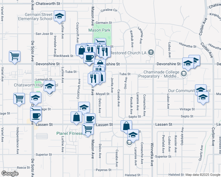map of restaurants, bars, coffee shops, grocery stores, and more near 20400 Romar Street in Los Angeles