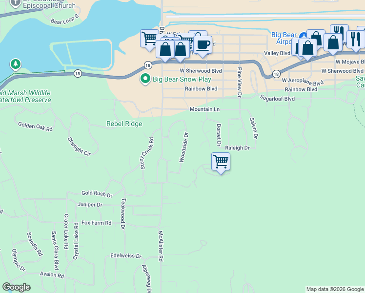 map of restaurants, bars, coffee shops, grocery stores, and more near 481 Woodside Drive in Big Bear