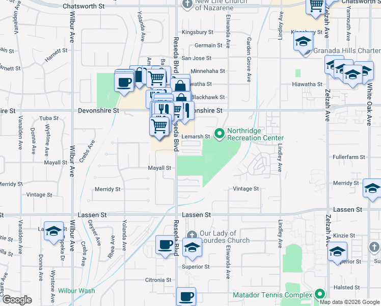 map of restaurants, bars, coffee shops, grocery stores, and more near 10126 Reseda Boulevard in Los Angeles