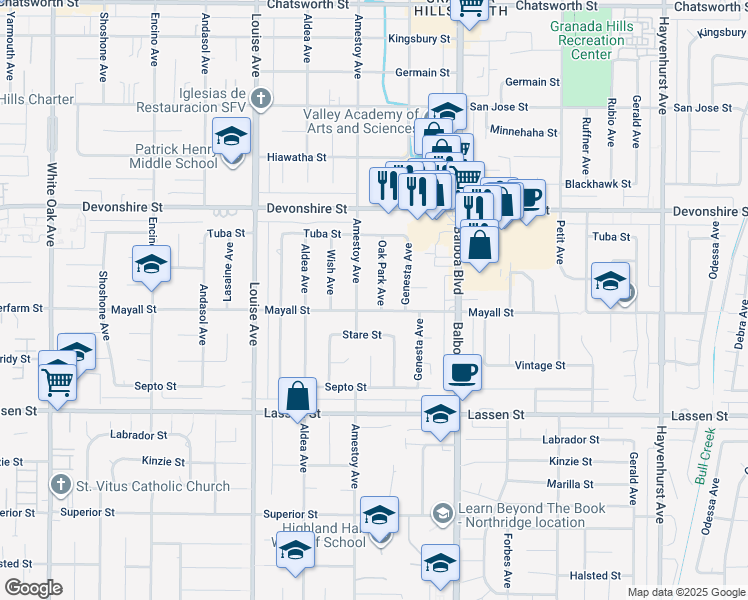 map of restaurants, bars, coffee shops, grocery stores, and more near 10111 Oak Park Avenue in Los Angeles