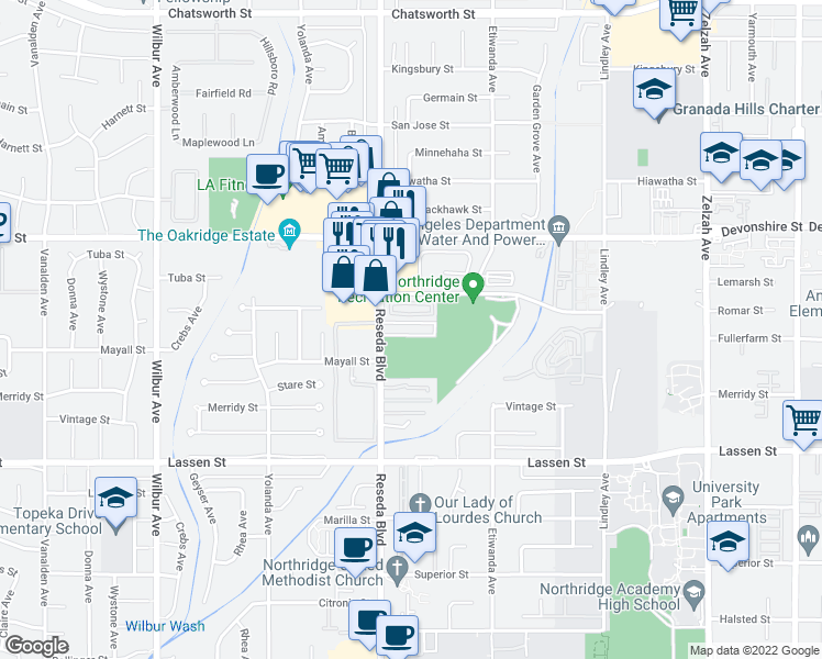 map of restaurants, bars, coffee shops, grocery stores, and more near 10126 Reseda Boulevard in Los Angeles