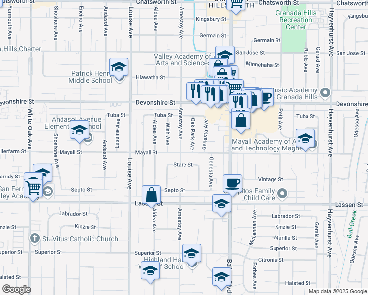 map of restaurants, bars, coffee shops, grocery stores, and more near 10110 Amestoy Avenue in Los Angeles