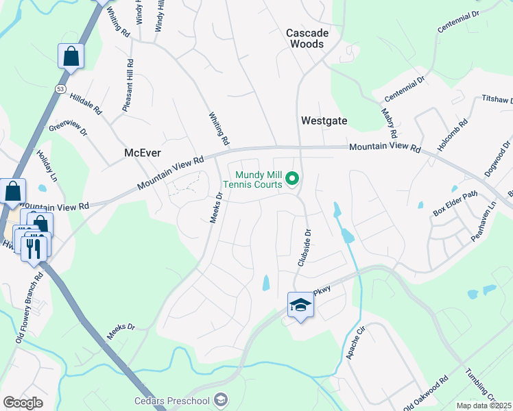 map of restaurants, bars, coffee shops, grocery stores, and more near 4471 Clubside Drive in Gainesville