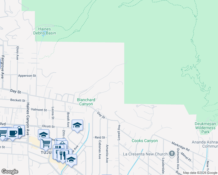 map of restaurants, bars, coffee shops, grocery stores, and more near 6125 Sister Elsie Drive in Los Angeles