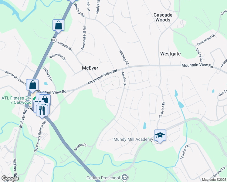 map of restaurants, bars, coffee shops, grocery stores, and more near 3685 Mountain View Road in Gainesville