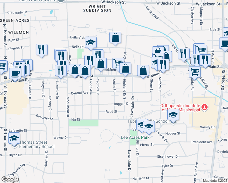 map of restaurants, bars, coffee shops, grocery stores, and more near 199 Smith Street in Tupelo