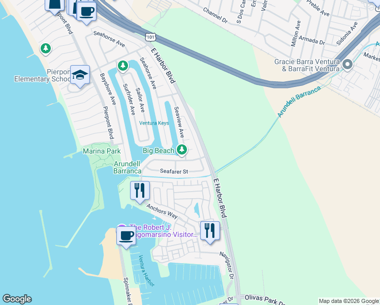 map of restaurants, bars, coffee shops, grocery stores, and more near 1138 Bonita Court in Ventura