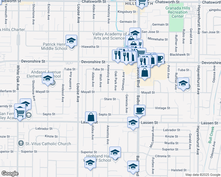 map of restaurants, bars, coffee shops, grocery stores, and more near 10110 Amestoy Avenue in Los Angeles