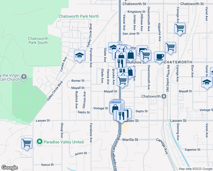 map of restaurants, bars, coffee shops, grocery stores, and more near 10111 Hanna Avenue in Los Angeles