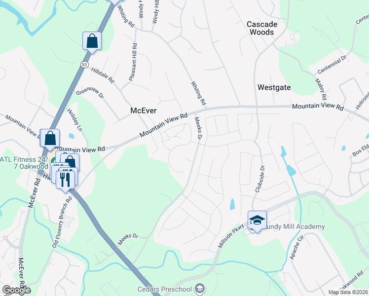 map of restaurants, bars, coffee shops, grocery stores, and more near 3685 Mountain View Road in Gainesville