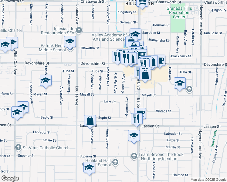 map of restaurants, bars, coffee shops, grocery stores, and more near 10111 Oak Park Avenue in Los Angeles