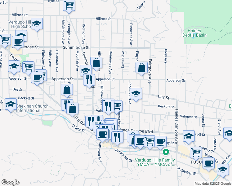 map of restaurants, bars, coffee shops, grocery stores, and more near 10205 Samoa Avenue in Los Angeles