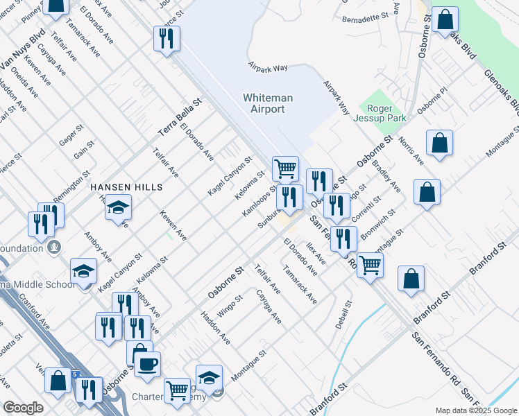 map of restaurants, bars, coffee shops, grocery stores, and more near 12860 Kamloops Street in Los Angeles