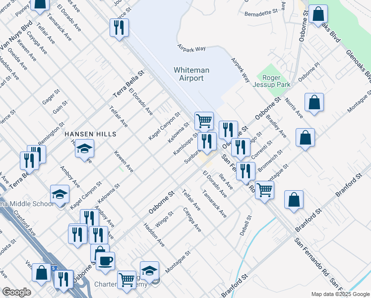 map of restaurants, bars, coffee shops, grocery stores, and more near 12860 Kamloops Street in Los Angeles