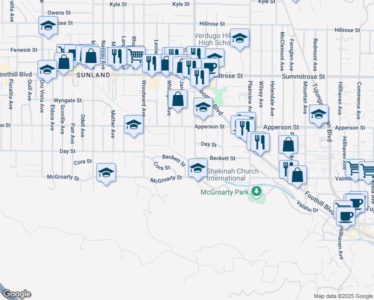 map of restaurants, bars, coffee shops, grocery stores, and more near 10206 Jardine Avenue in Los Angeles