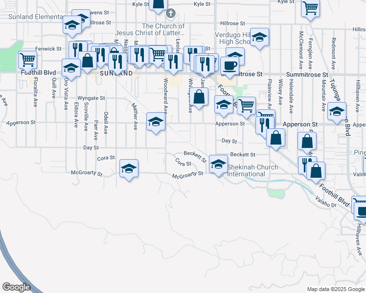 map of restaurants, bars, coffee shops, grocery stores, and more near 10206 Jardine Avenue in Los Angeles