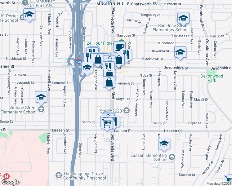 map of restaurants, bars, coffee shops, grocery stores, and more near 10120 Sepulveda Boulevard in Los Angeles