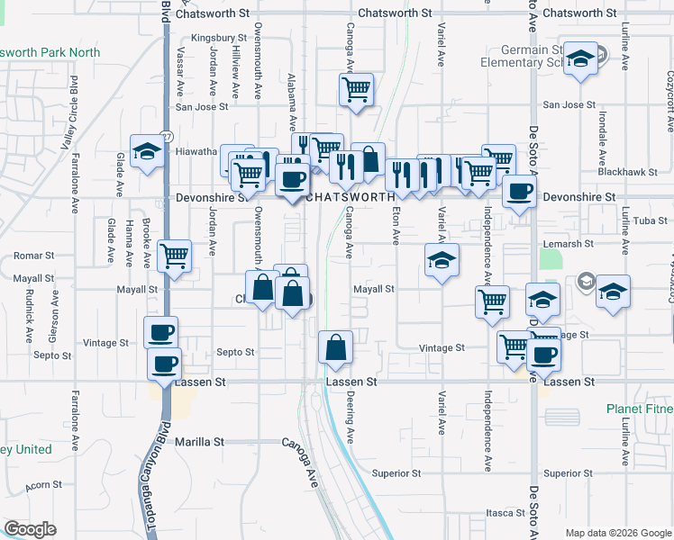 map of restaurants, bars, coffee shops, grocery stores, and more near 10101 Canoga Avenue in Los Angeles