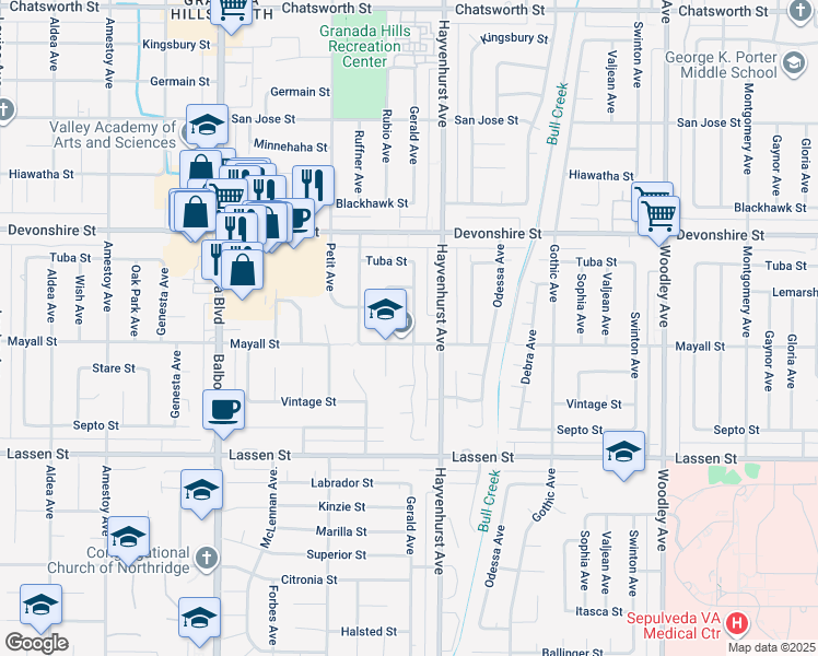 map of restaurants, bars, coffee shops, grocery stores, and more near 16701 Mayall Street in Los Angeles