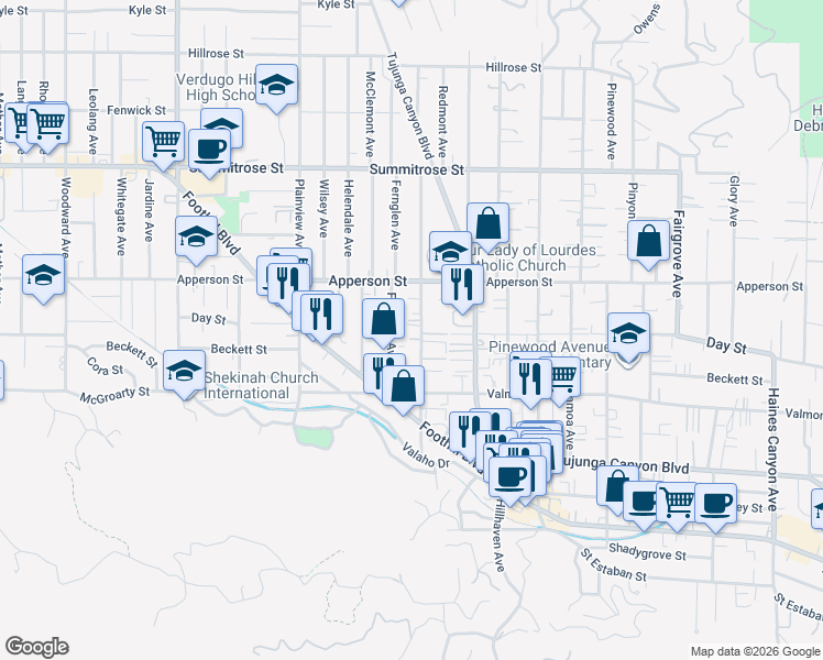 map of restaurants, bars, coffee shops, grocery stores, and more near 10207 Mountair Avenue in Los Angeles