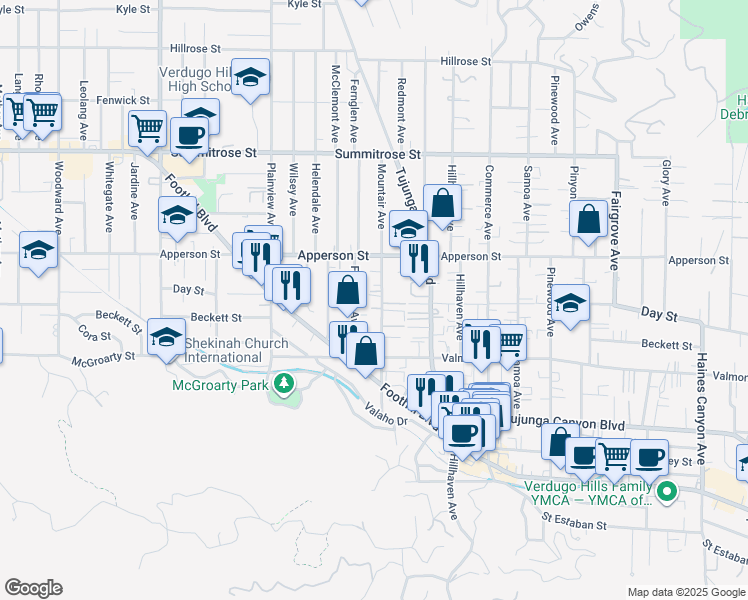 map of restaurants, bars, coffee shops, grocery stores, and more near 10207 Mountair Avenue in Los Angeles