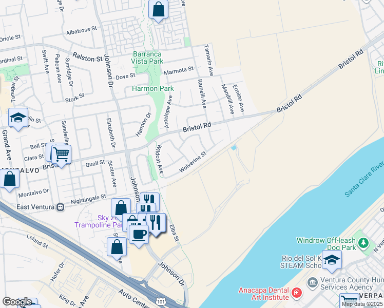 map of restaurants, bars, coffee shops, grocery stores, and more near 2359 Kudu Place in Ventura