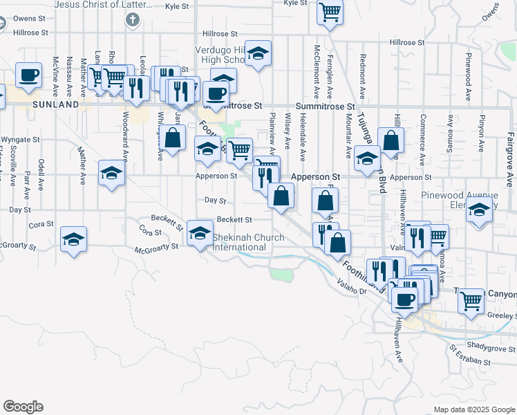 map of restaurants, bars, coffee shops, grocery stores, and more near 7624 Day Street in Los Angeles