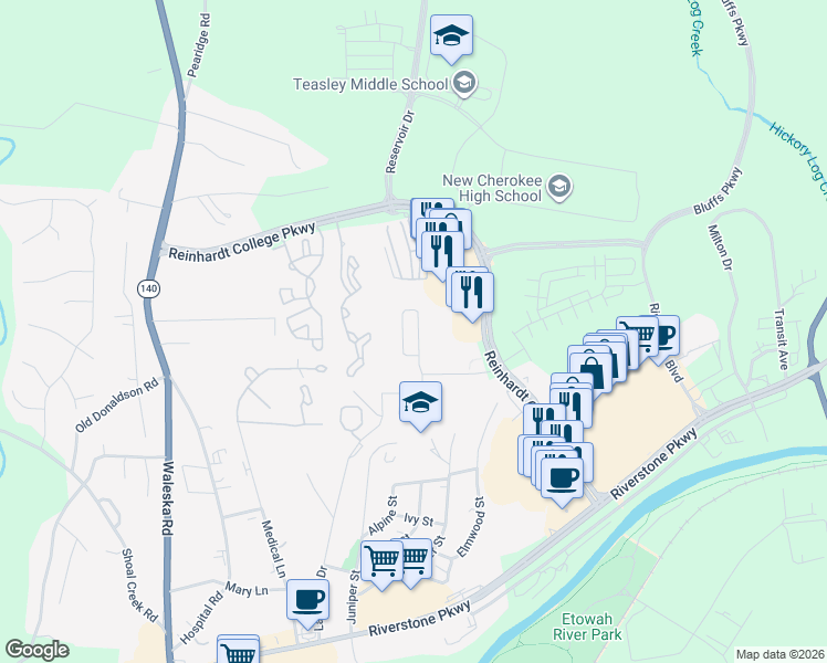 map of restaurants, bars, coffee shops, grocery stores, and more near 233 Riverstone Place in Canton