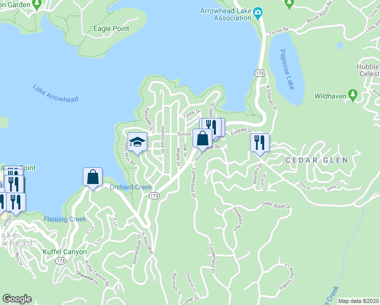 map of restaurants, bars, coffee shops, grocery stores, and more near 256 Highway 173 in San Bernardino