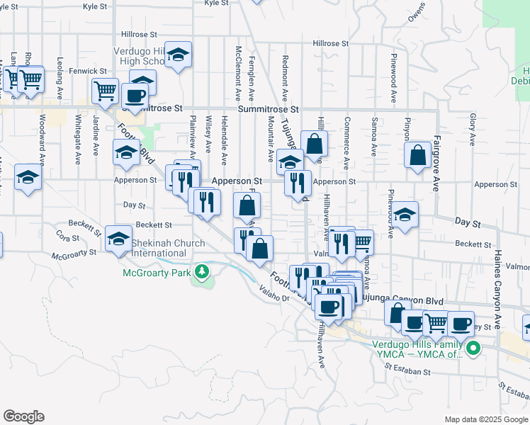 map of restaurants, bars, coffee shops, grocery stores, and more near 10207 Mountair Avenue in Los Angeles