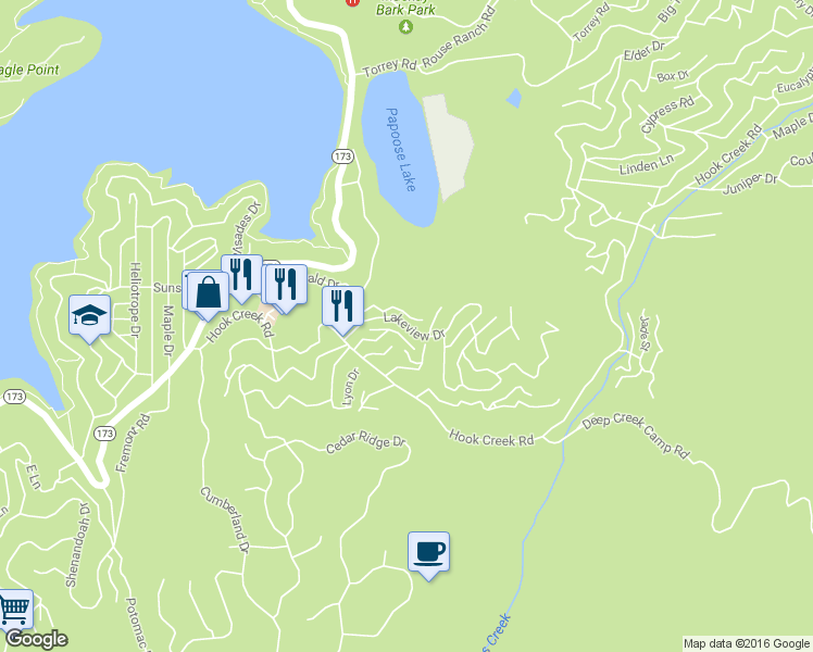 map of restaurants, bars, coffee shops, grocery stores, and more near Lakeview Drive in Lake Arrowhead