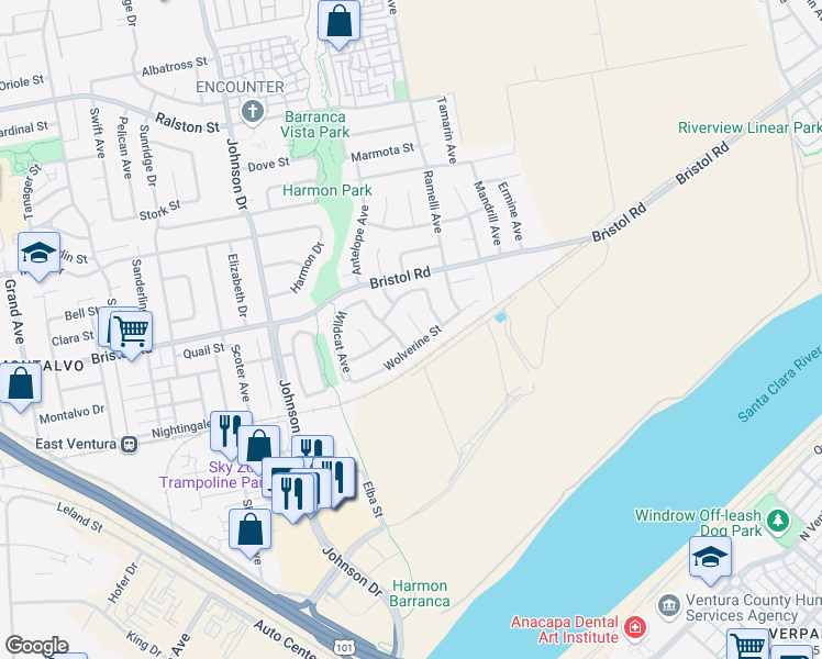 map of restaurants, bars, coffee shops, grocery stores, and more near 2359 Kudu Place in Ventura