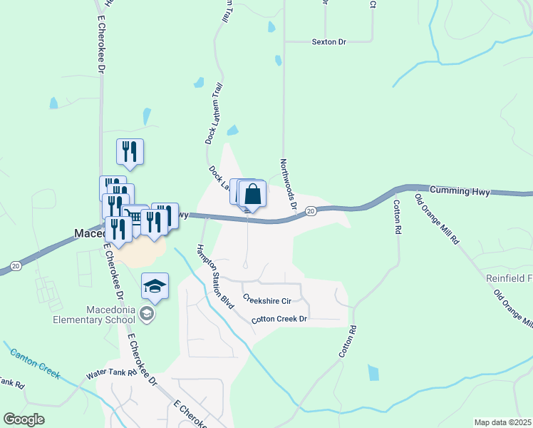 map of restaurants, bars, coffee shops, grocery stores, and more near 8587 Cumming Highway in Canton