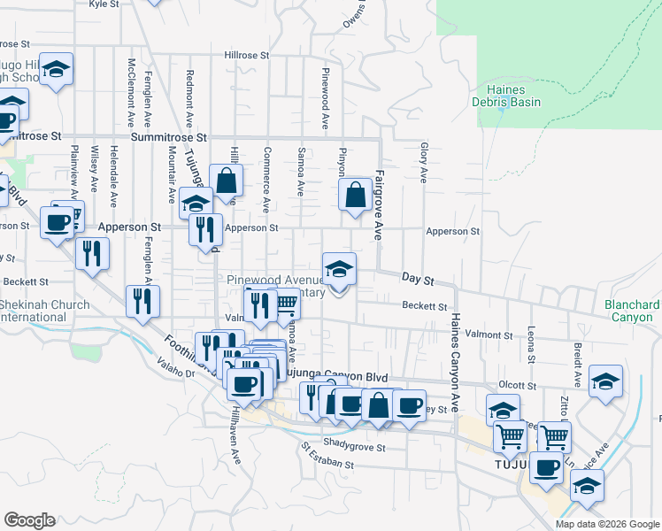 map of restaurants, bars, coffee shops, grocery stores, and more near 10162 Pinewood Avenue in Los Angeles