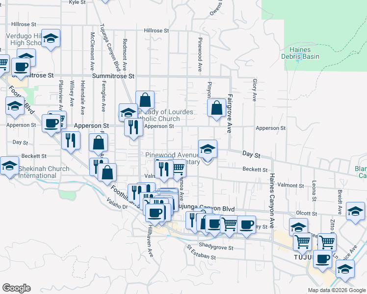 map of restaurants, bars, coffee shops, grocery stores, and more near 10164 Samoa Avenue in Los Angeles