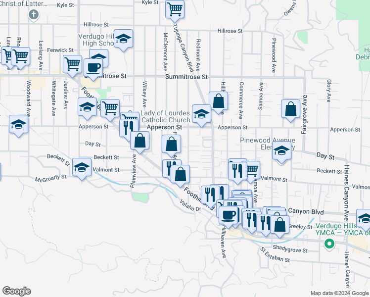 map of restaurants, bars, coffee shops, grocery stores, and more near 10154 Mountair Avenue in Los Angeles