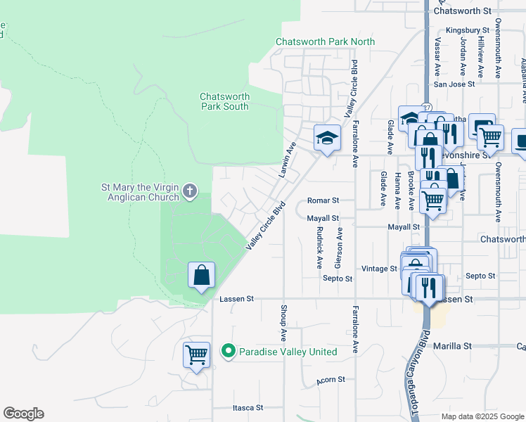 map of restaurants, bars, coffee shops, grocery stores, and more near 10112 Valley Circle Boulevard in Los Angeles