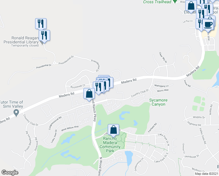 map of restaurants, bars, coffee shops, grocery stores, and more near 477 Country Club Drive in Simi Valley