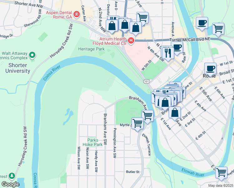 map of restaurants, bars, coffee shops, grocery stores, and more near 124 Branham Avenue Southwest in Rome