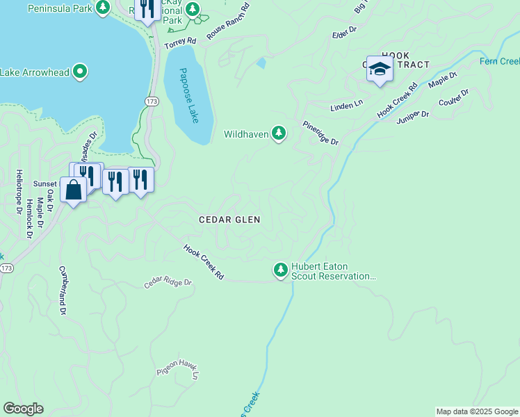 map of restaurants, bars, coffee shops, grocery stores, and more near Lupin Way in Lake Arrowhead