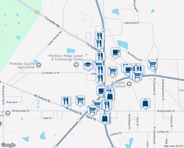 map of restaurants, bars, coffee shops, grocery stores, and more near Ridge Drive in Pontotoc