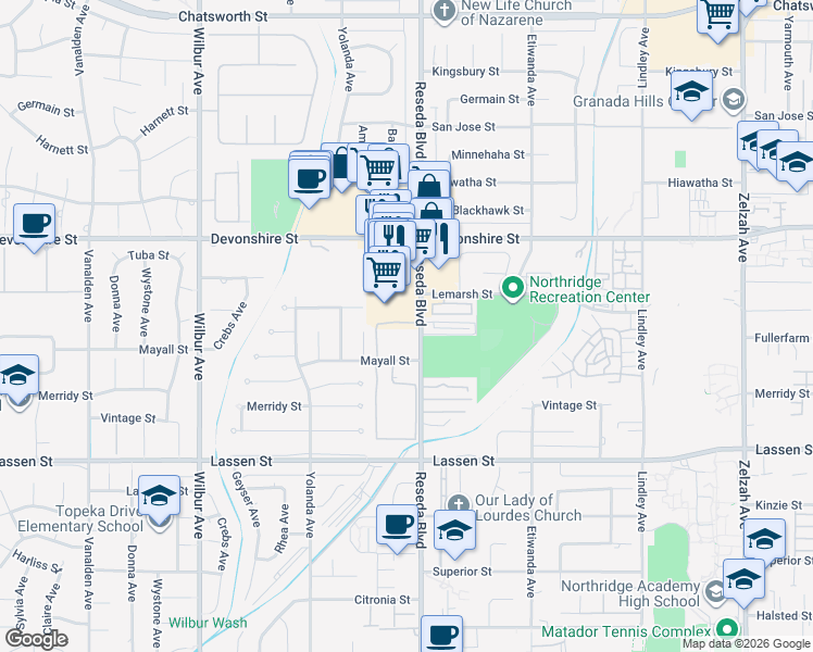 map of restaurants, bars, coffee shops, grocery stores, and more near 18511 Mayall Street in Los Angeles