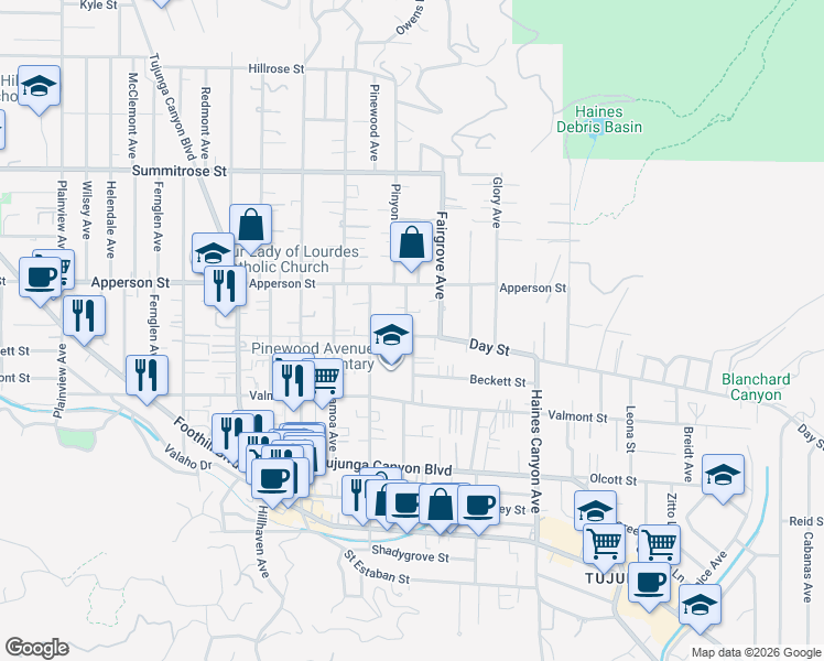 map of restaurants, bars, coffee shops, grocery stores, and more near 10166 Silverton Avenue in Los Angeles