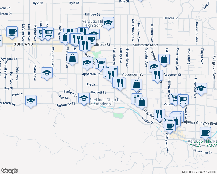 map of restaurants, bars, coffee shops, grocery stores, and more near 7624 Day Street in Los Angeles